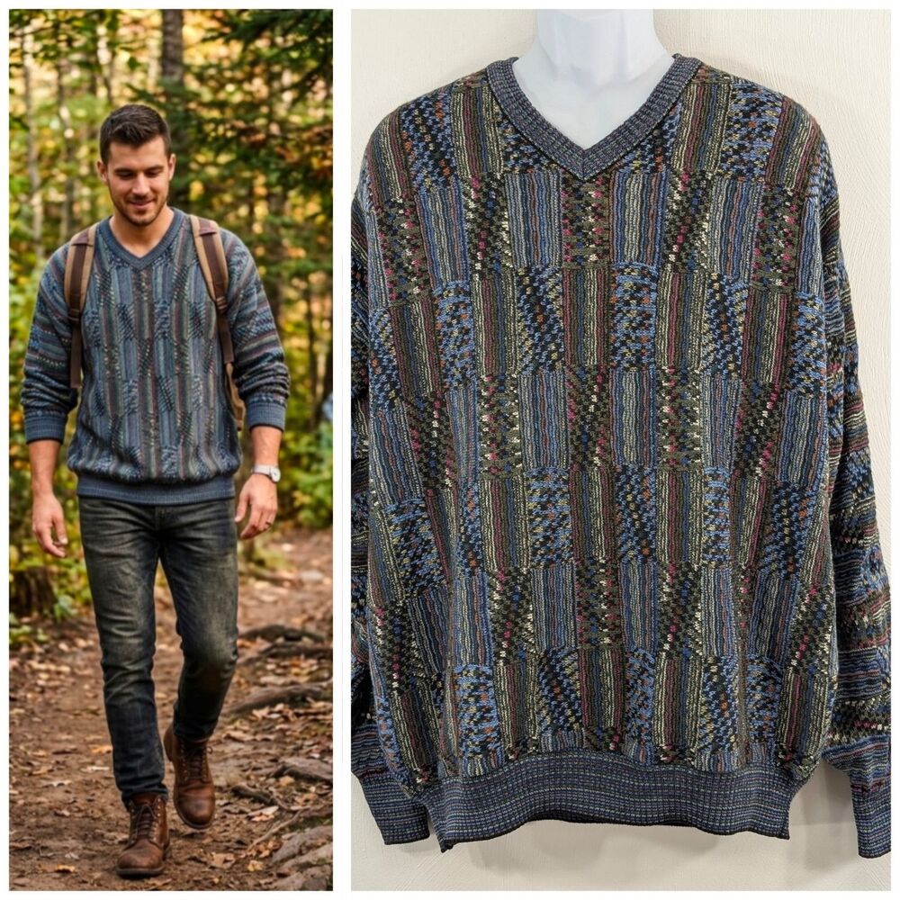 Vintage Tosani Mens Large Textured Sweater Coogi Style Cotton 3D Multicolor EUC